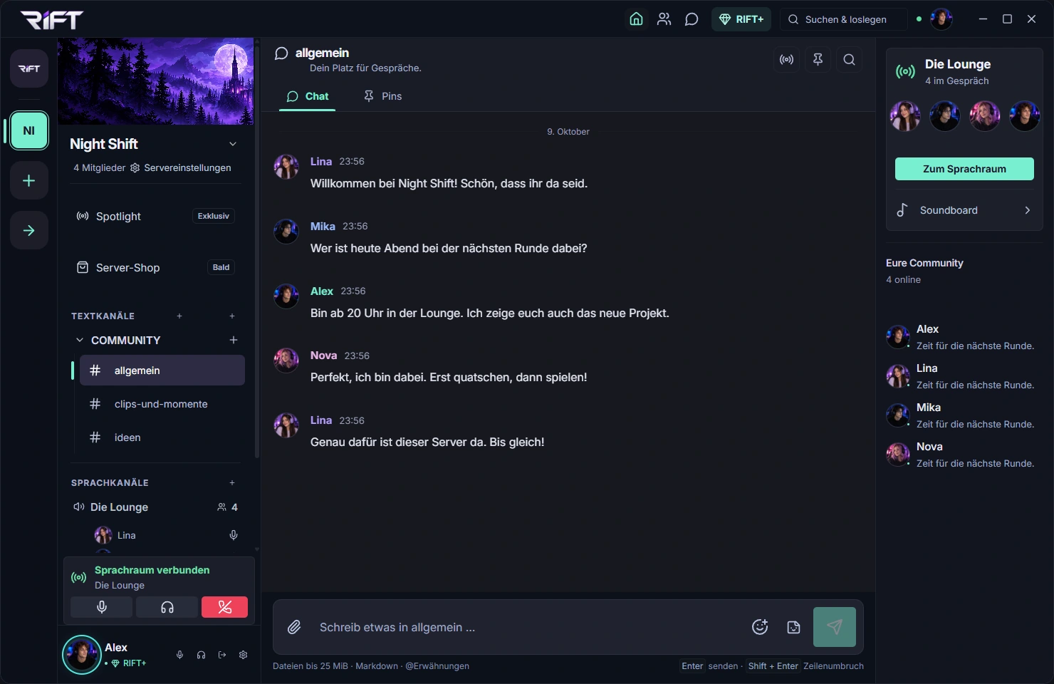 Die RIFT-App mit dem Chat der Demo-Community Night Shift, Sprachkanälen und Mitgliederliste