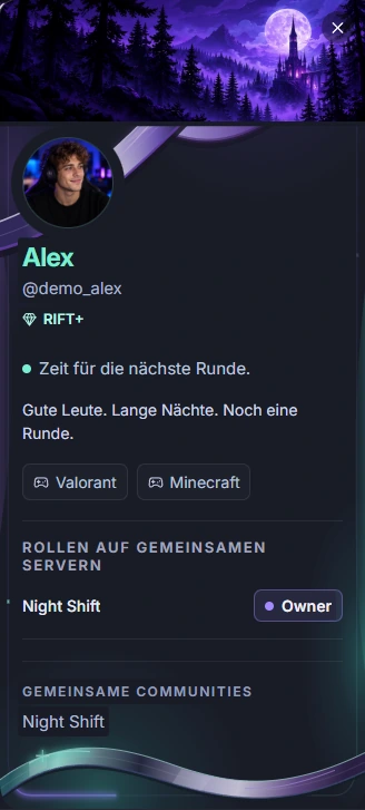 RIFT+-Demoprofil von Alex mit Banner, Avatar, Rolle und Prism-Flow-Profilanimation