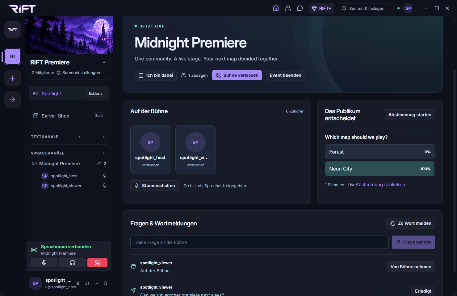 Spotlight-Live-Event mit Bühne, Abstimmung und Publikumsfragen in RIFT